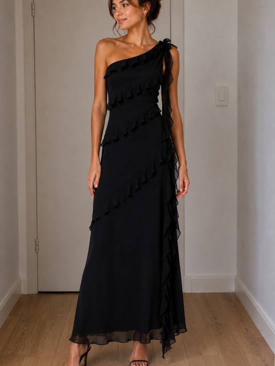 PrettyLittleThing Dresses & Skirts - NWT PrettyLittleThing Tall Black One Shoulder Ruffle Maxi Dress Formal Evening